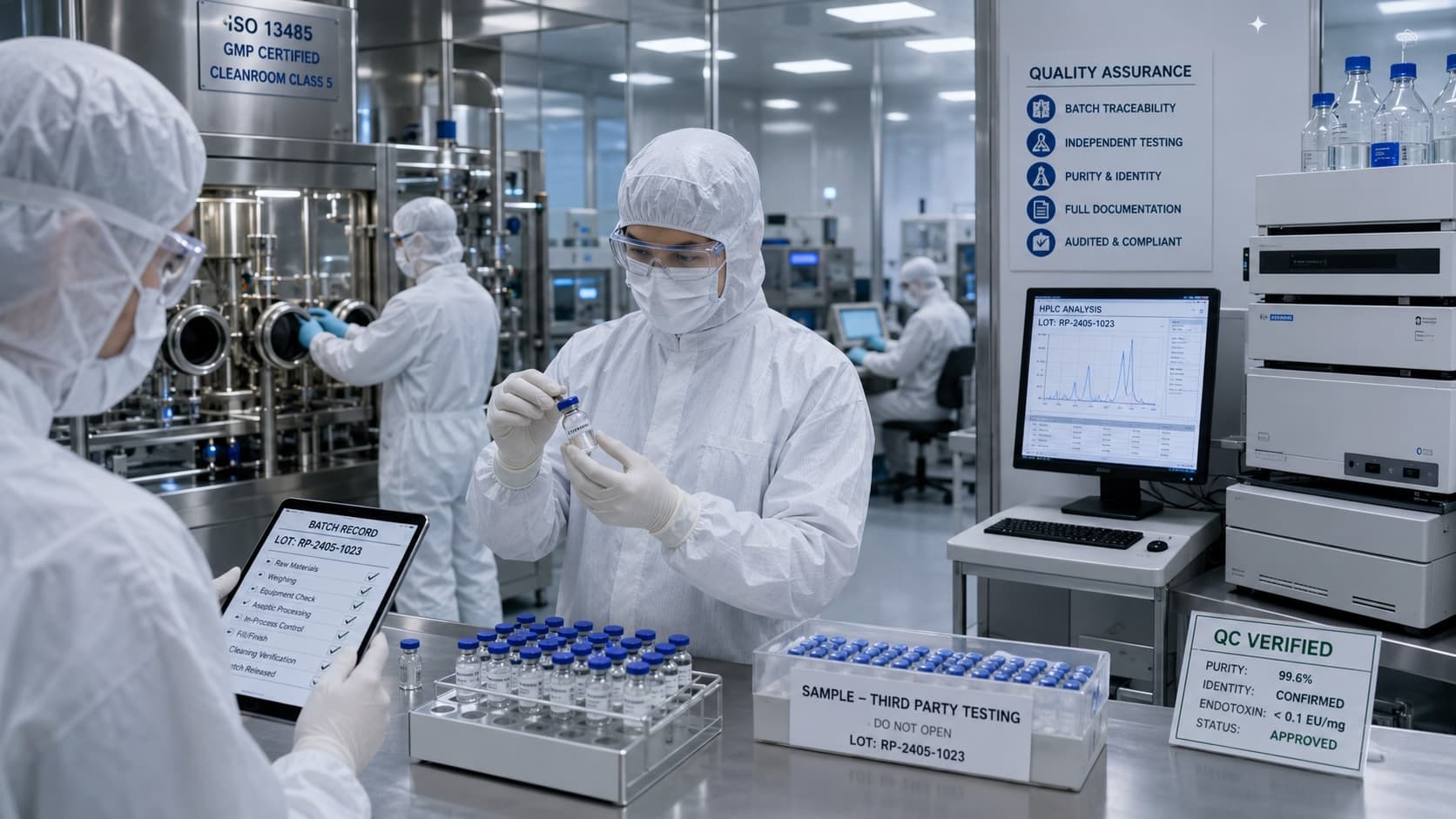 ClearBatch quality assurance: technicians in a GMP-certified, ISO-classified cleanroom inspecting research peptide vials alongside a batch record, HPLC analysis, and a QC-verified Certificate of Analysis